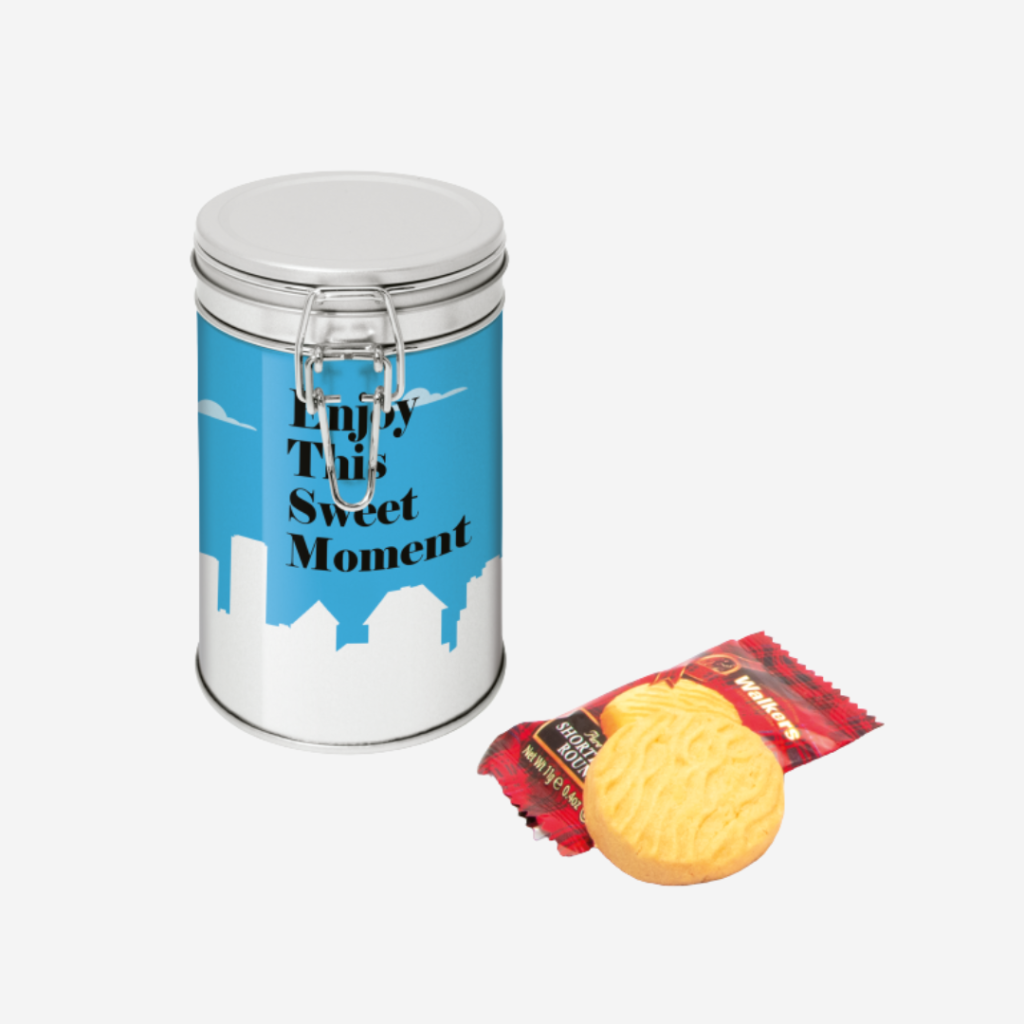 A branded tin of shortbread biscuits, a thoughtful way to enhance your brand. 