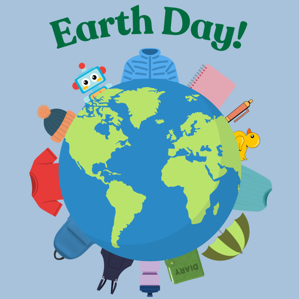 Earth day to celebrate the earth with sustainable merchandise spread out around a graphic of the globe.