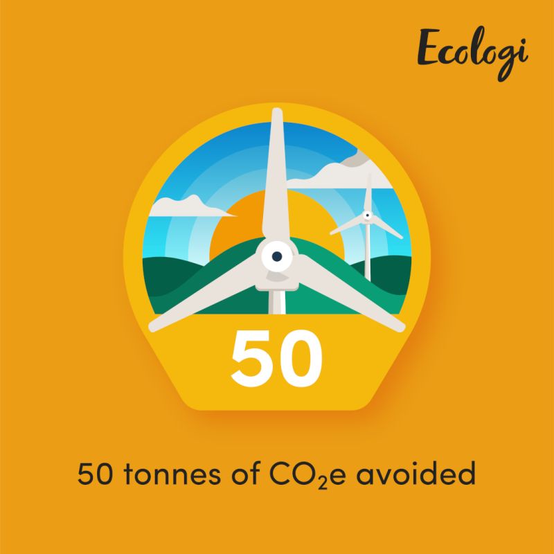 A yellow background with a sustainable windfarm logo including the Ecologi logo on the side and text stating the avoidance of 50 tonnes of CO2e.