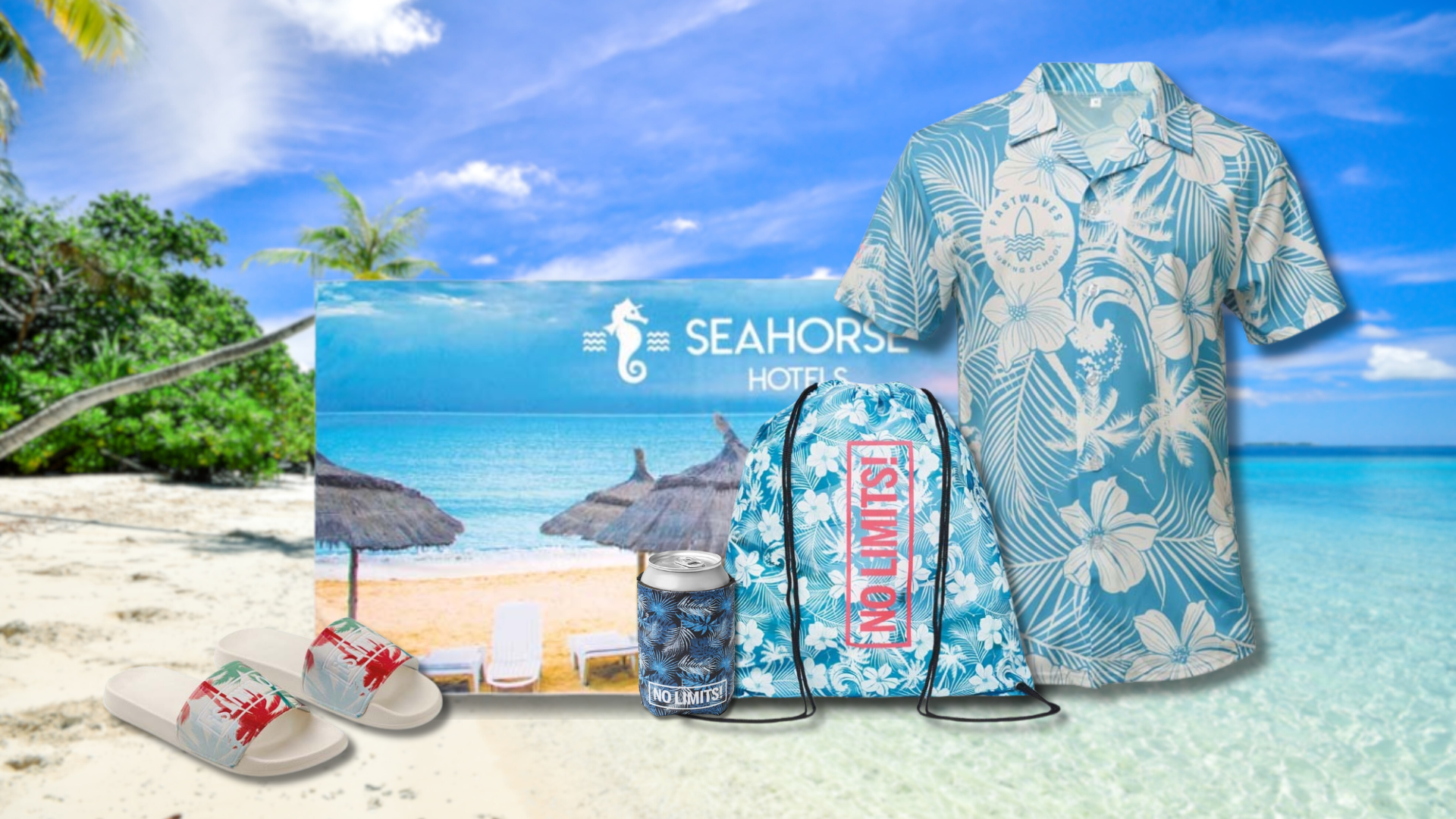 An array of vibrant branded summer merchandise all laying out on a sunny tropical beach.