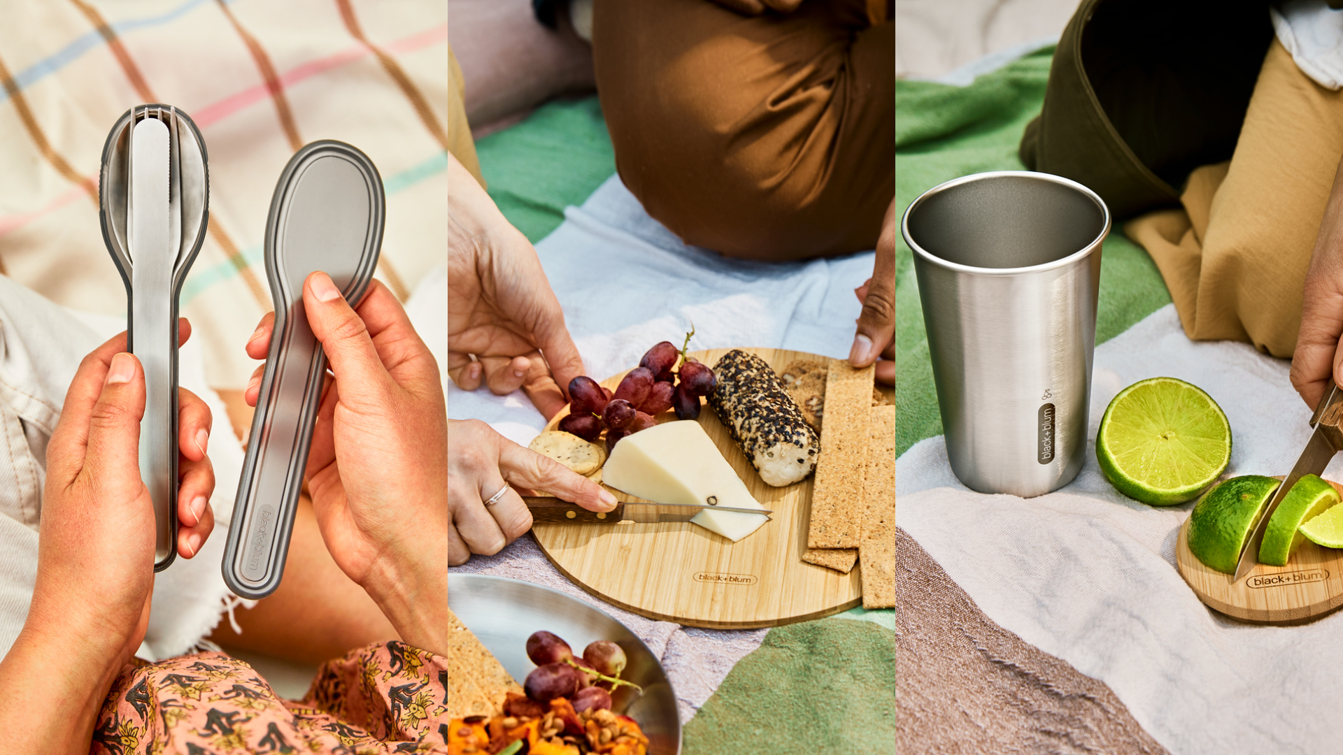 Black+Blum picnic set with branded cutlery, printed plates, and engraved cups on a picnic blanket in summer sun.