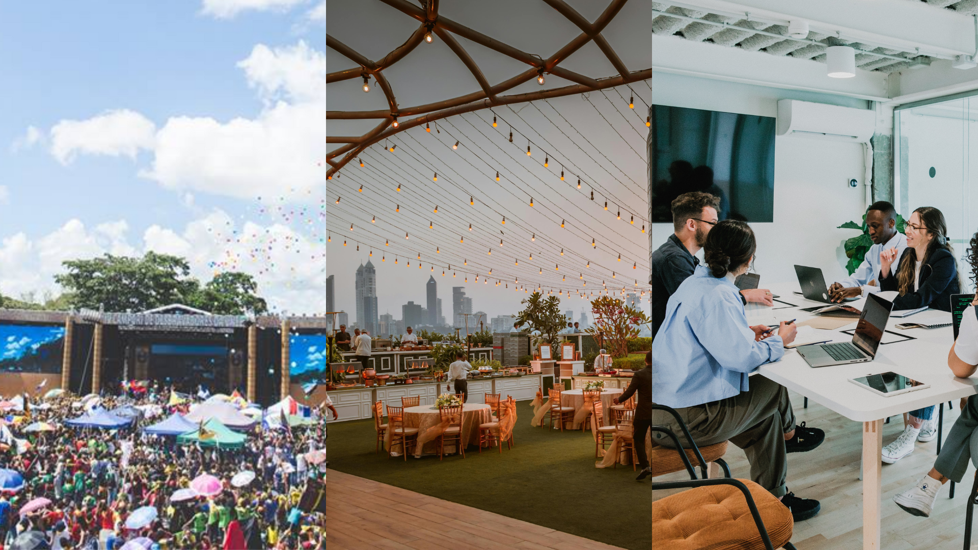Three types of events: a lively outdoor festival with a large crowd, a stylish rooftop event with city skyline views, and a professional corporate meeting in a modern office.