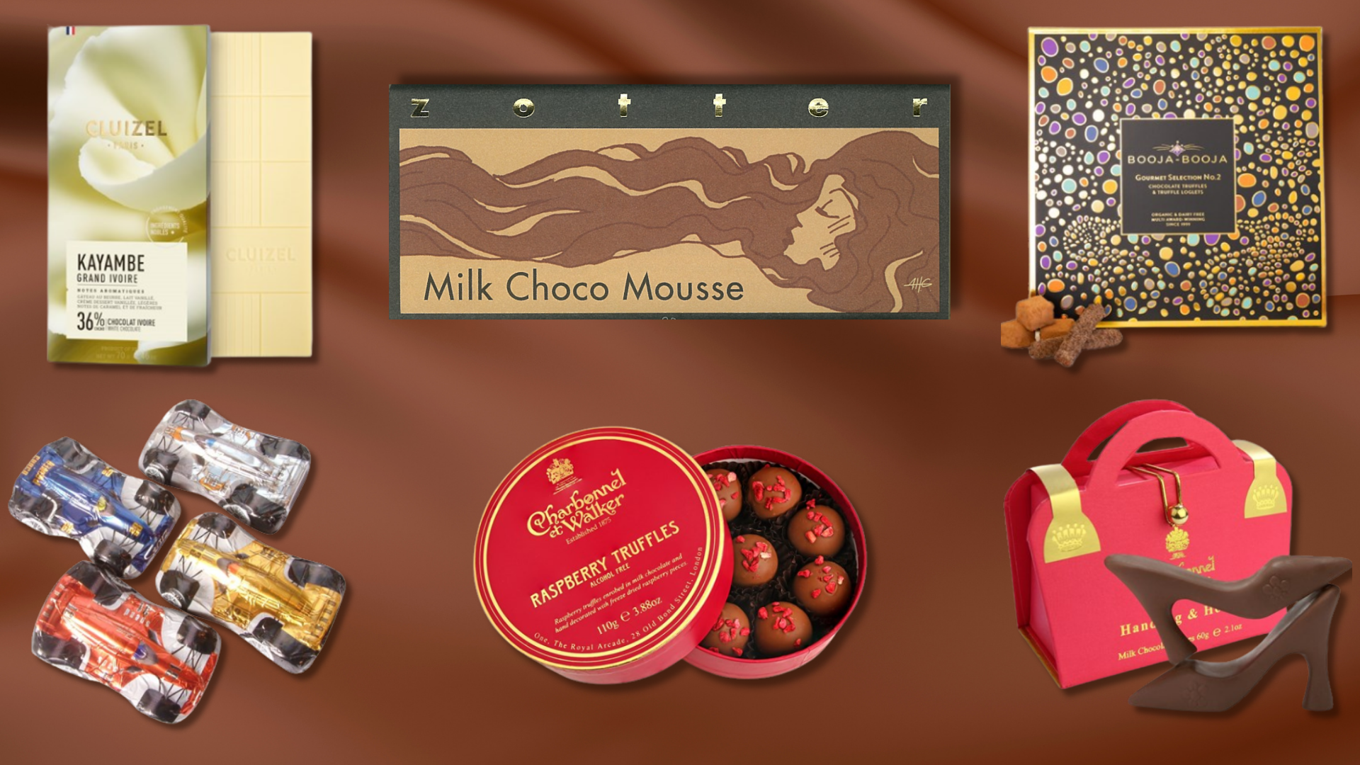 A selection of luxury chocolate products arranged on a chocolate-brown background, featuring brands like Cluizel, Zotter, Booja-Booja, and Charbonnel et Walker, including chocolate bars, truffles, and novelty-shaped treats.