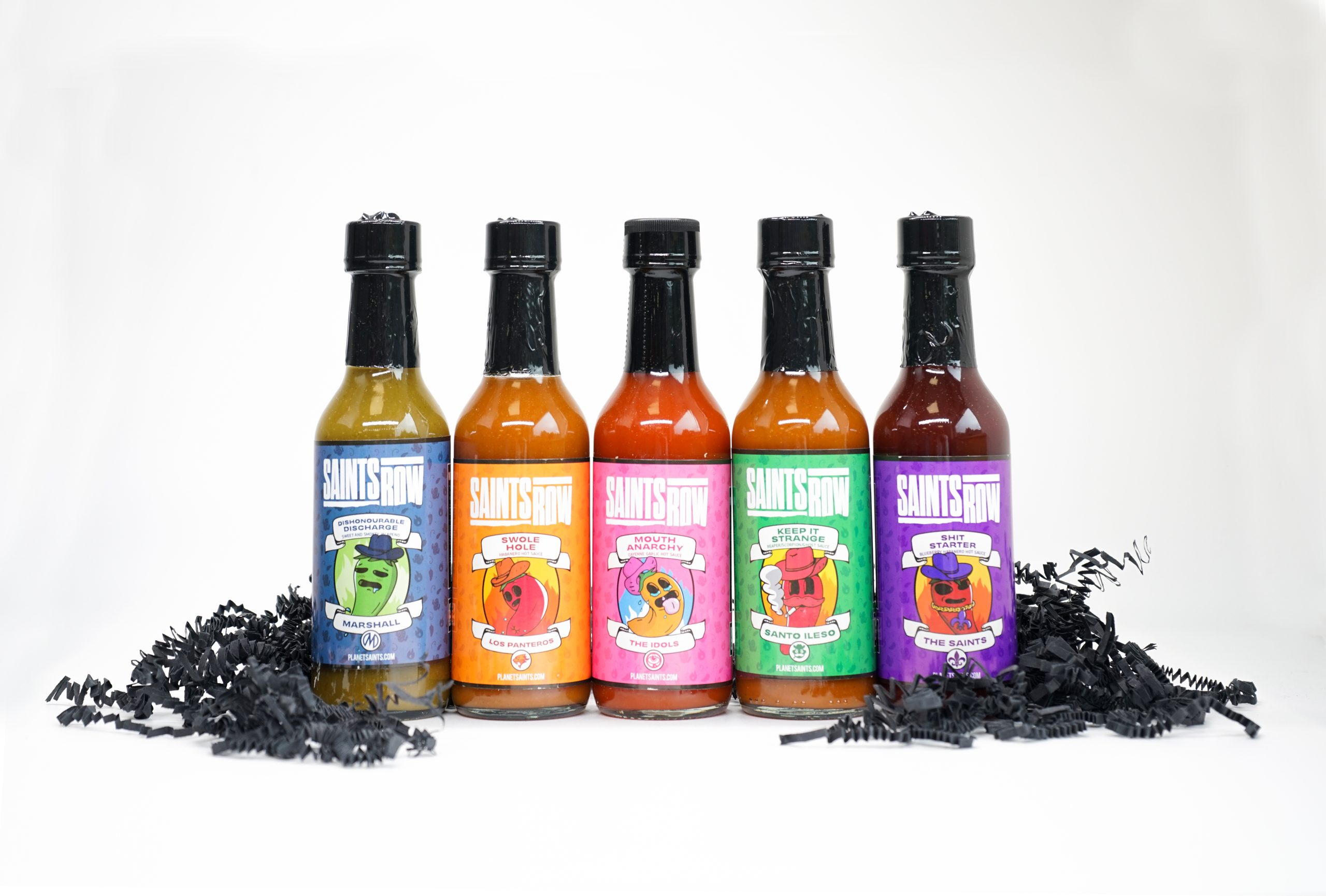 Saints row branded hot sauce bottles
