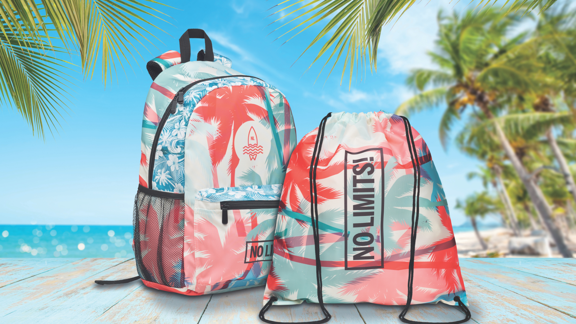 Colourful branded backpack and drawstring bag with tropical design on a beach background.