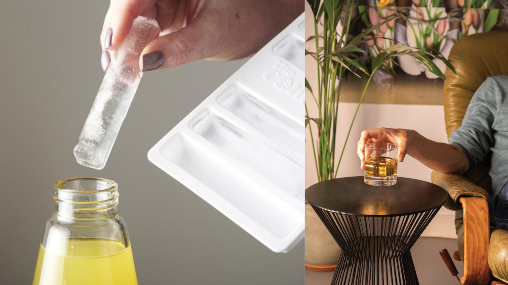Branded ice cube tray and reusable ice cubes in a glass.