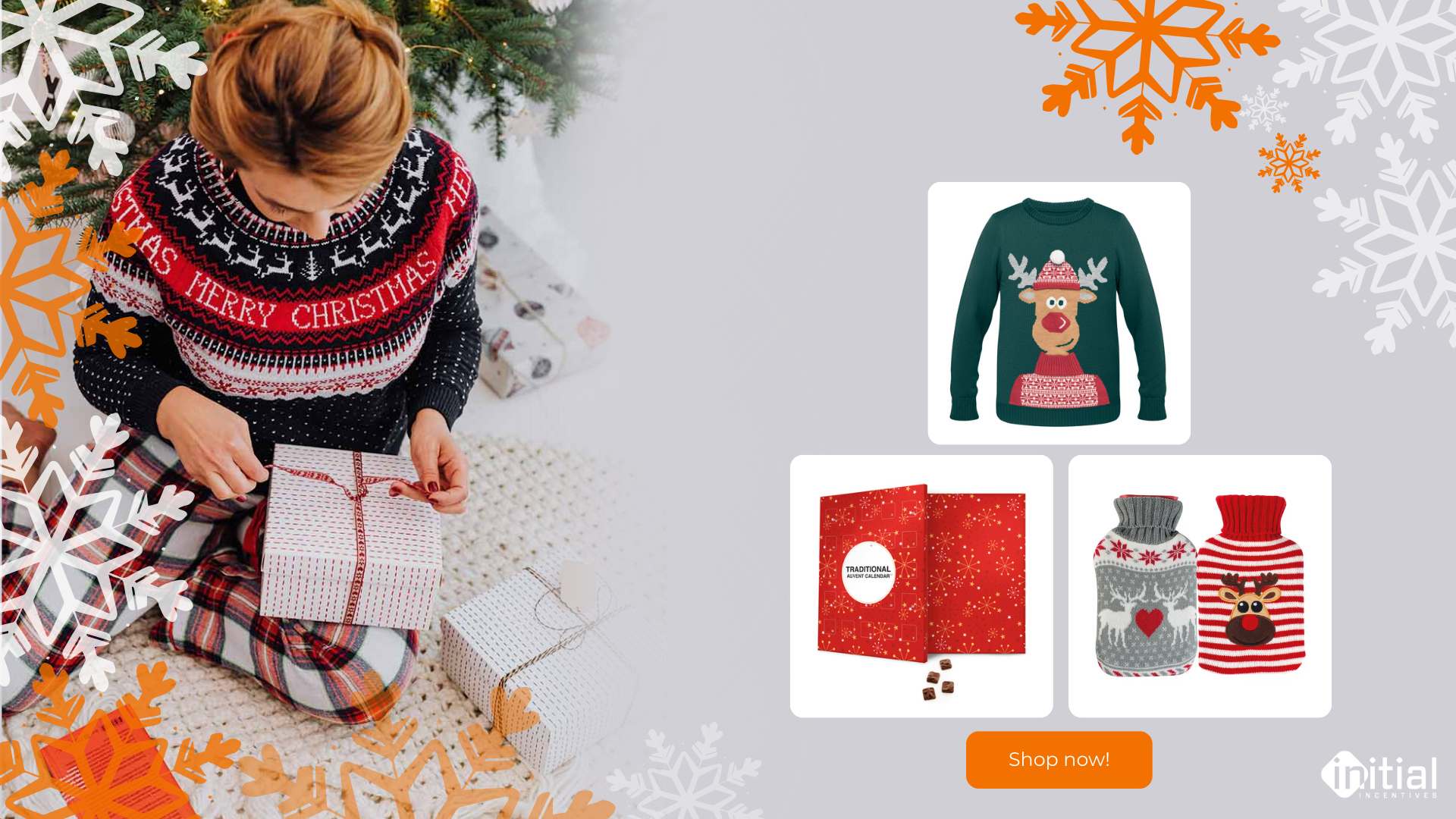 Personalised corporate Christmas gifts including branded seasonal apparel, bespoke chocolate advent calendars, and customised hot water bottles, plus many other branded merchandise products perfect for team gifting and client thank yous.