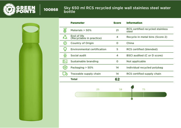 A green RCS recycled water bottle with it's sustainability passport to show its rating of environmentally friendliness. There are several factors that the bottle scores against to get the rating it receives.