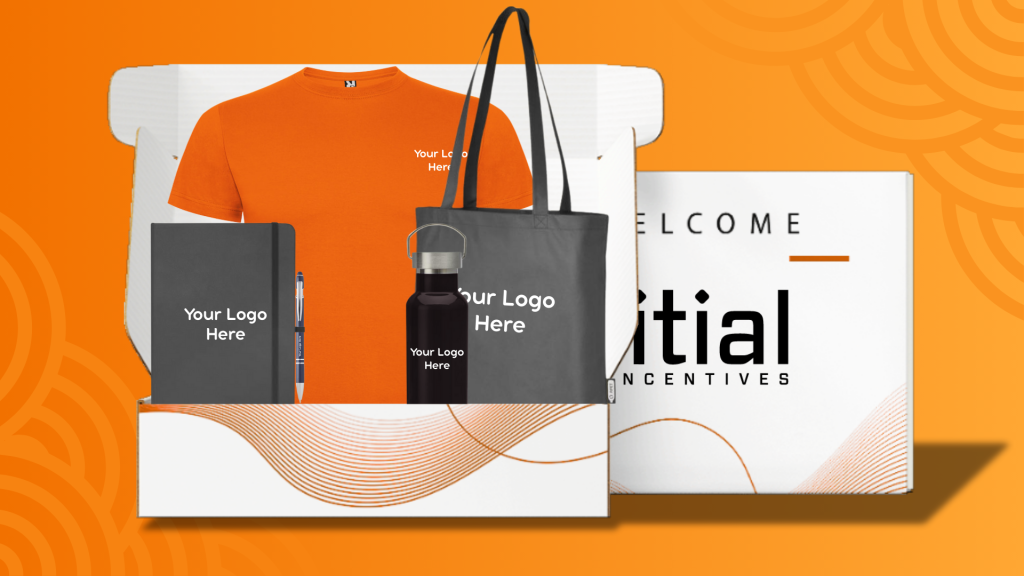 Back-to-study branded merchandise pack with eco tote bag, notebook, t-shirt, personalised pen, and custom water bottle on an orange patterned background.