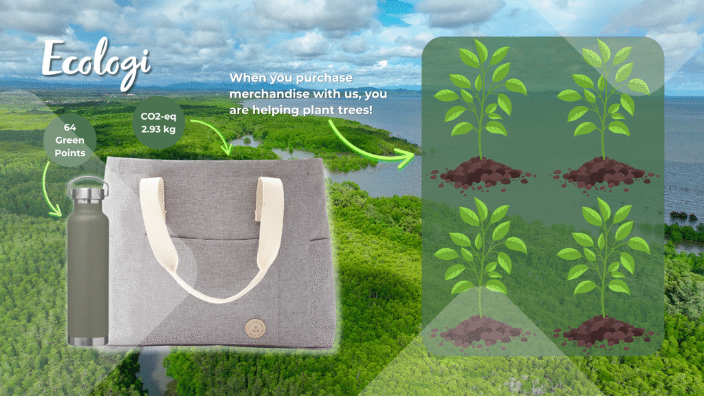 Eco-friendly tote bag and reusable water bottle with CO2 impact shown, while promoting tree planting and sustainable products.