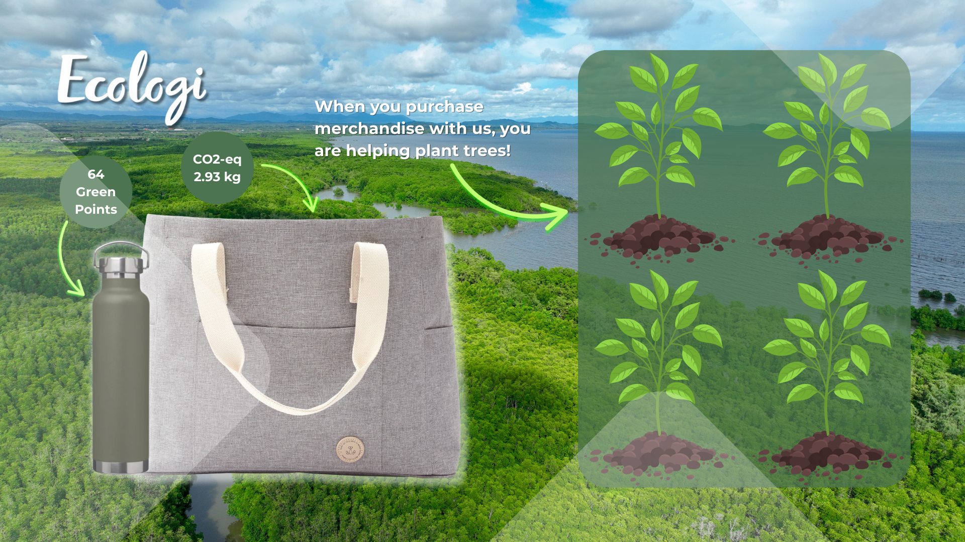 Eco-friendly tote bag and reusable water bottle with CO2 impact shown, while promoting tree planting and sustainable products.