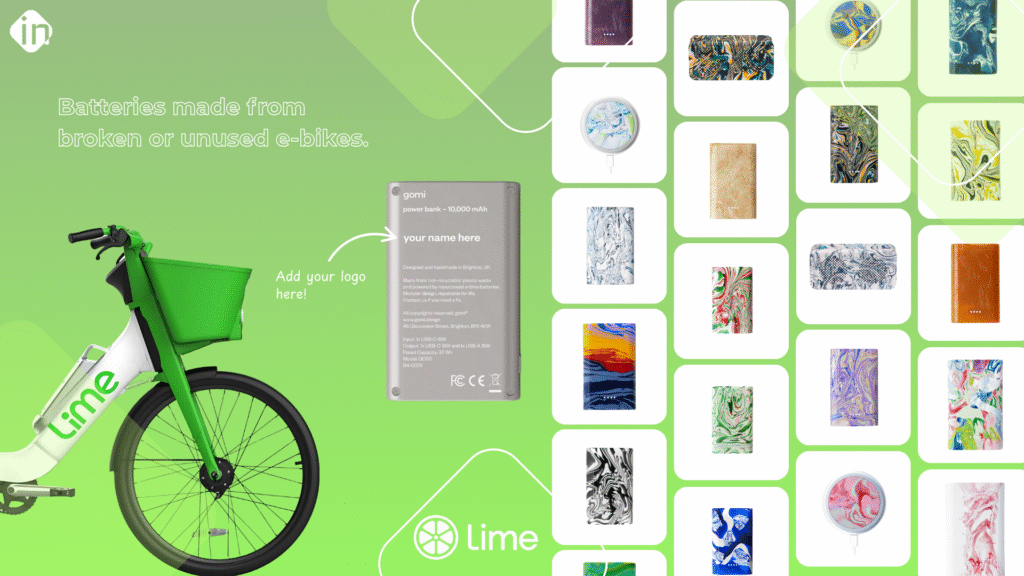 Recycled power banks, speakers, and wireless chargers from Gomi, alongside a branded logo and a Lime bike graphic highlighting the use of repurposed batteries.