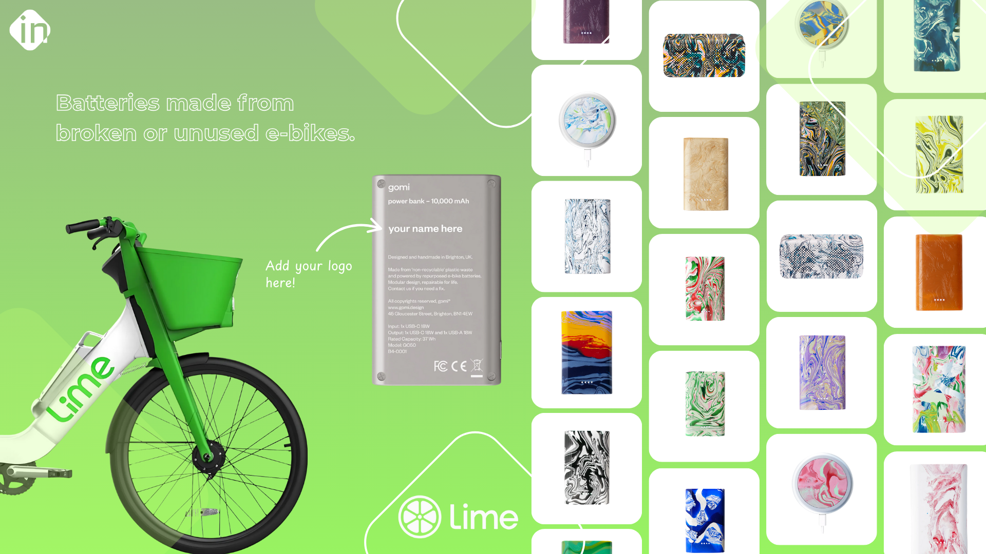 Recycled power banks, speakers, and wireless chargers from Gomi, alongside a branded logo and a Lime bike graphic highlighting the use of repurposed batteries.