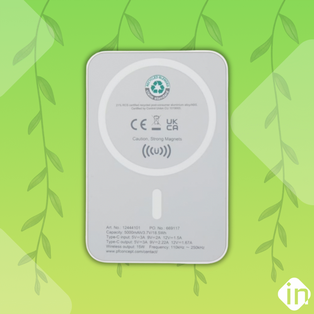 A lime green gradient background with eco-friendly vines faded into the background. This image has a recycled power bank displayed as well as our logo and signature diamond shape on the image.