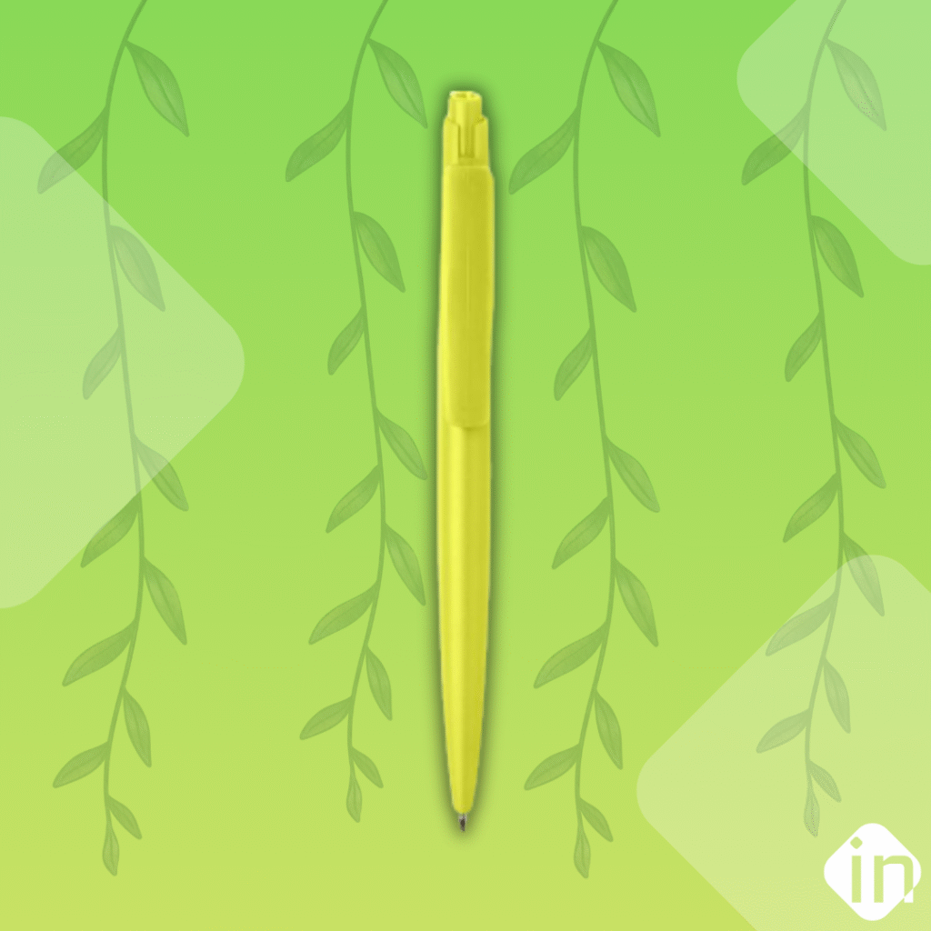 Lime green recycled ballpoint pen with black ink, made from RCS-certified materials for sustainable writing.