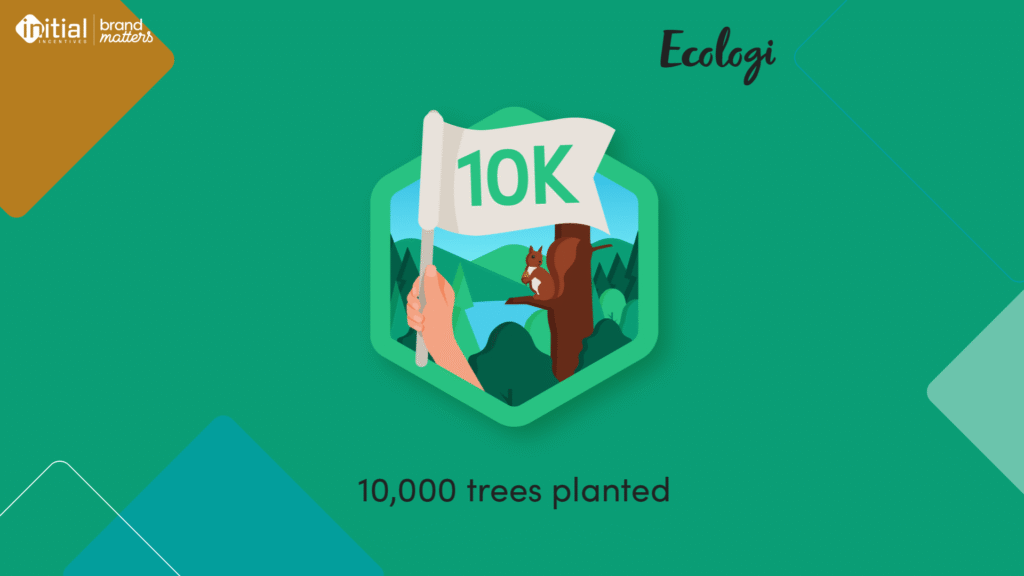 Illustration celebrating 10,000 trees planted with Ecologi by Initial Incentives, showing a hand holding a 10k flag in a forest.