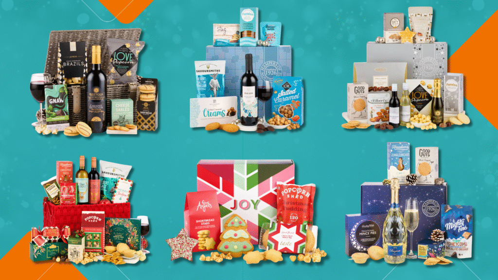 A selection of colourful Christmas hampers filled with food, drinks, and treats arranged against a teal background.