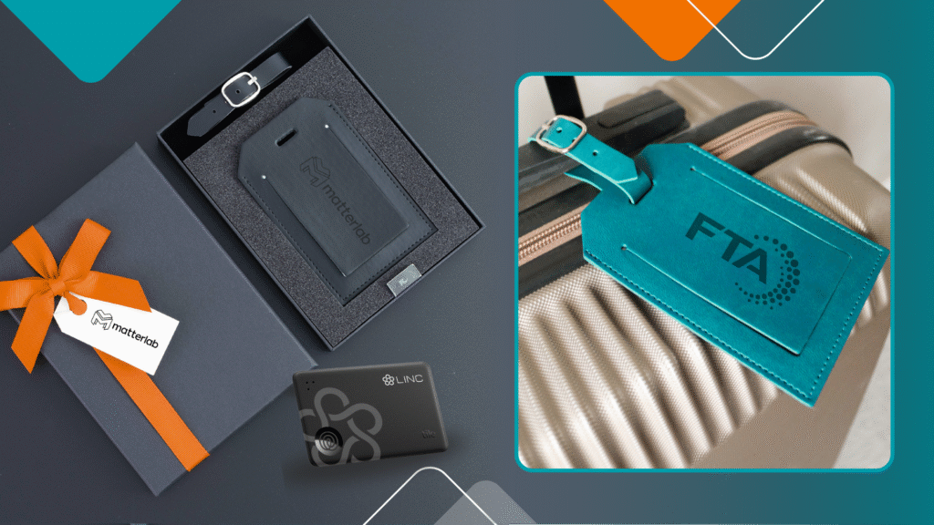 A premium luggage tag with a Tile Slim tracker displayed in a gift box, showcasing a branded merchandise option for corporate gifting.