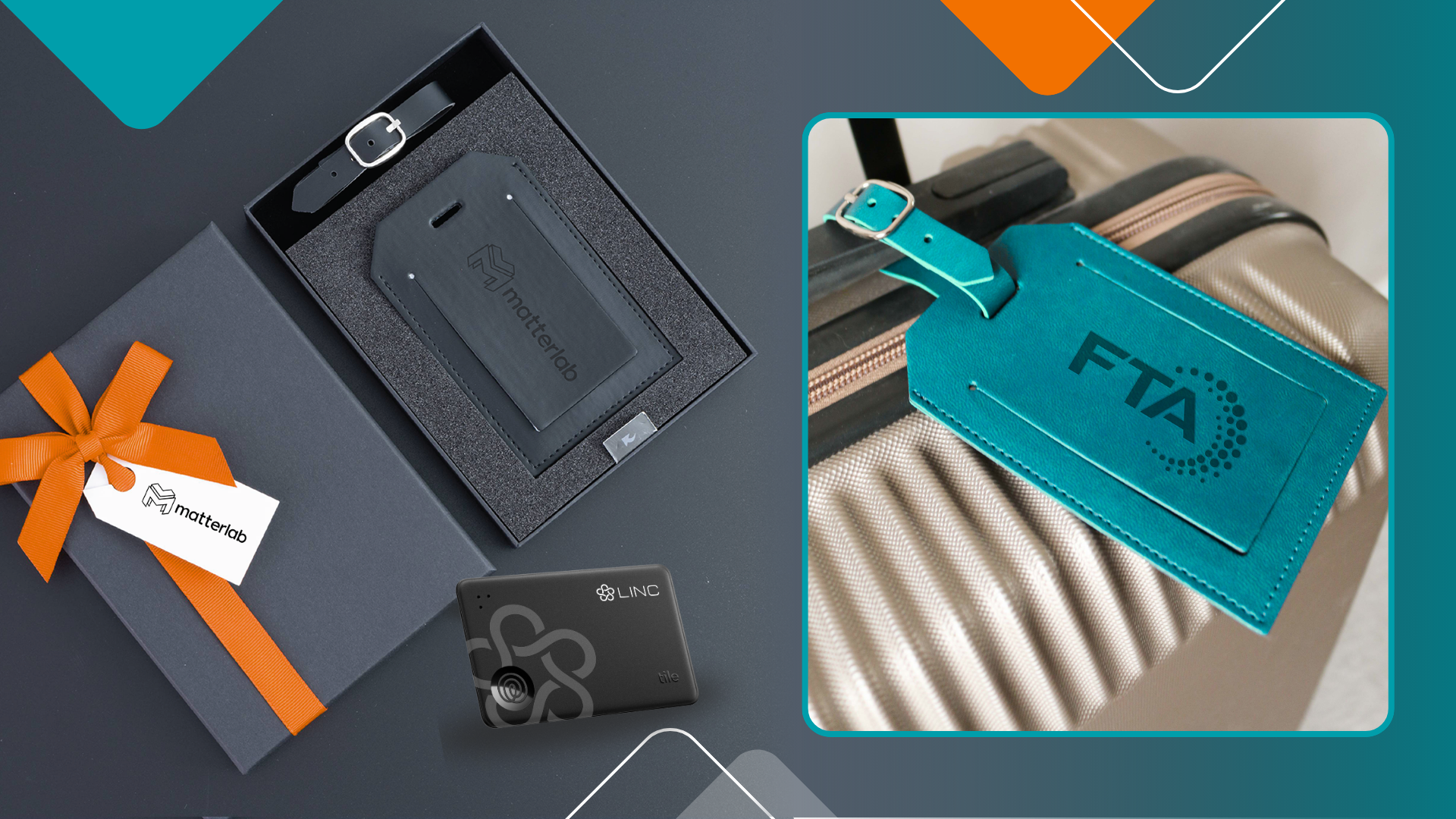 A premium luggage tag with a Tile Slim tracker displayed in a gift box, showcasing a branded merchandise option for corporate gifting.