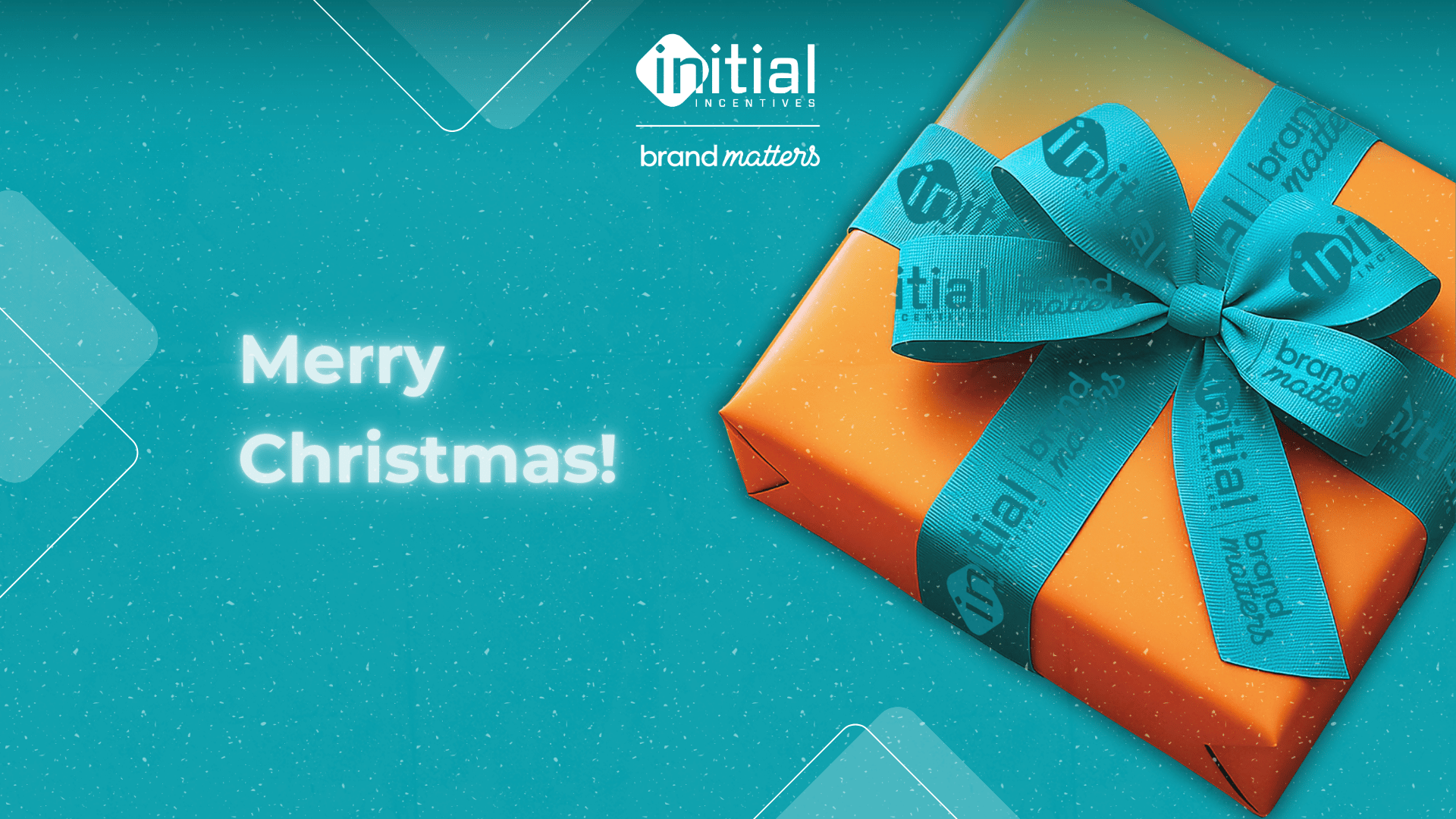 An orange gift wrapped with a teal branded ribbon, featuring the Initial Incentives and Brand Matters logos, set against a festive background with subtle snow and a “Merry Christmas” message.