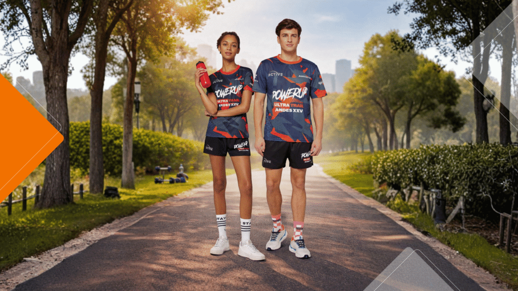Branded fitness wear worn by two people walking in a park, showcasing custom sports tops and shorts designed for corporate wellbeing and fitness initiatives.