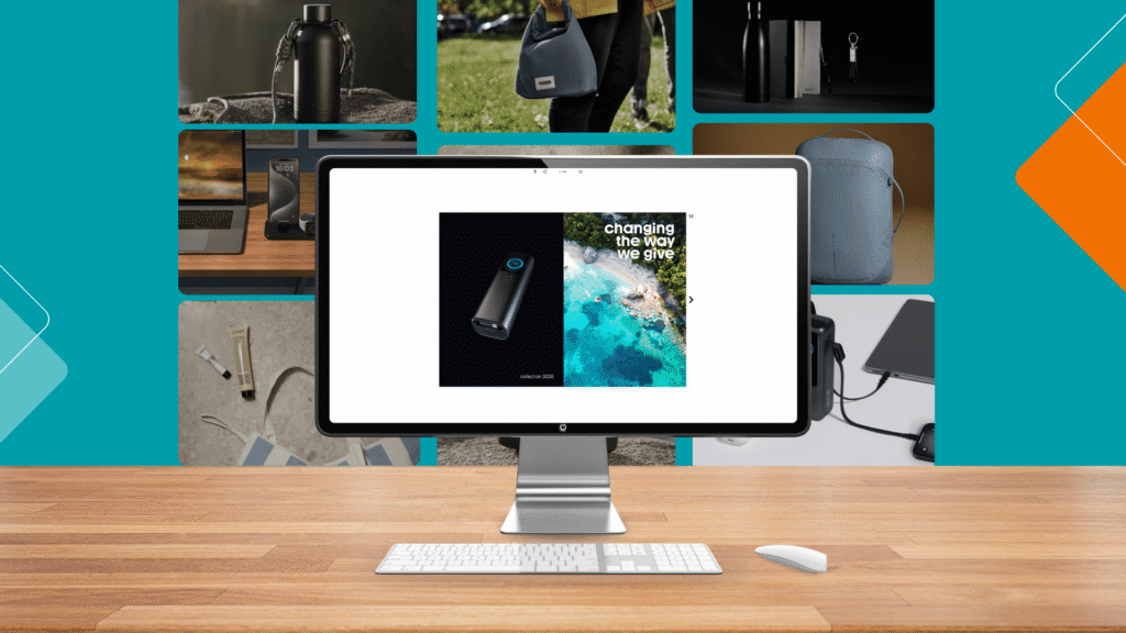 Desktop workspace displaying a screen featuring the 2026 product collection, surrounded by branded merchandise including drinkware, tech accessories, bags, and lifestyle items.