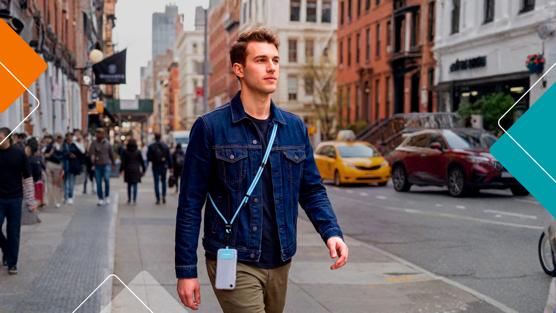 Person walking in an urban setting wearing a crossbody phone cord lanyard with a smartphone case.