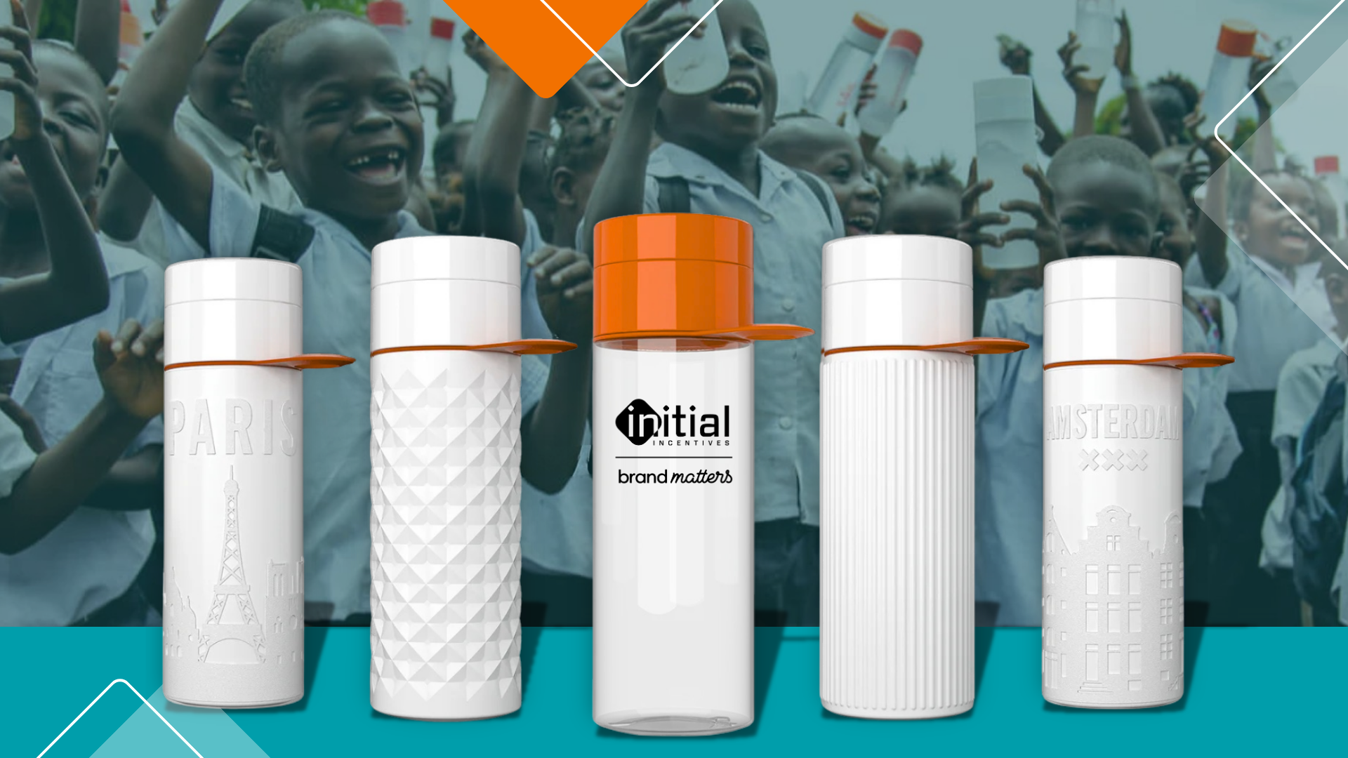 Reusable Join the Pipe water bottles with custom branding, shown in front of children celebrating clean water projects.